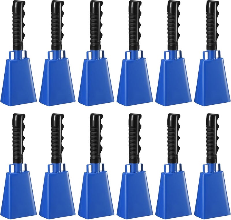 Pelopy 12 Pcs Large Cow Bell 9 '' Cowbell with Handle Cowbells for Sporting Events Hand Percussion Cheering Bell Chimes for Football Game, Alarm Loud Noise Makers, Musical Instrument(Blue) - Image 1